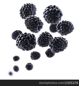 Ripe blackberries levitate on a white background.. Ripe blackberries levitate on a white background