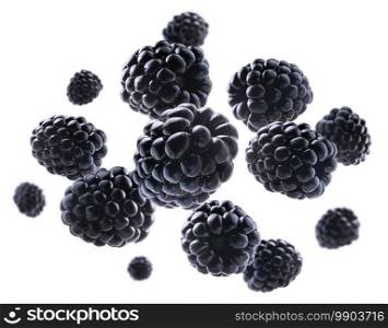 Ripe blackberries levitate on a white background.. Ripe blackberries levitate on a white background