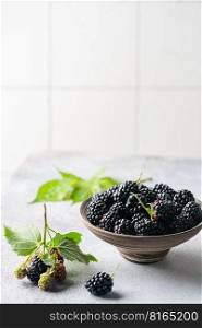 Ripe blackberries with leaves in a bowl on white background. Ripe blackberries with leaves