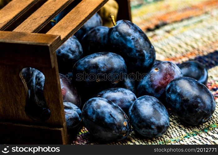 Ripe blue plums in a wooden crate in a rustic composition.. Ripe blue plums in a wooden crate in a rustic composition.