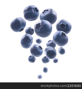 Ripe blueberries levitate on a white background.. Ripe blueberries levitate on a white background