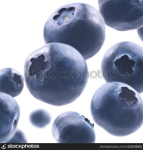 Ripe blueberries levitate on a white background.. Ripe blueberries levitate on a white background