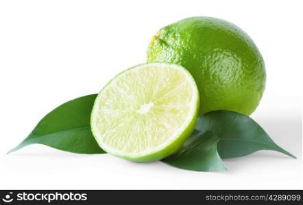 Ripe bright lime with leaves isolated on white background
