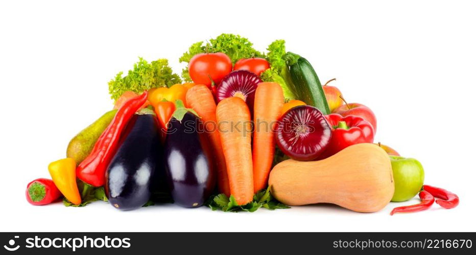 Ripe, bright vegetables and fruits isolated on white background. Copy space