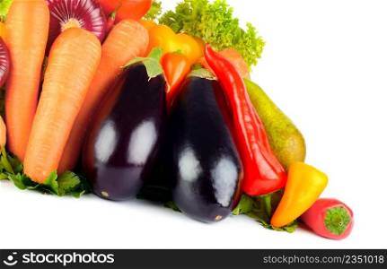 Ripe, bright vegetables and fruits isolated on white background. Copy space