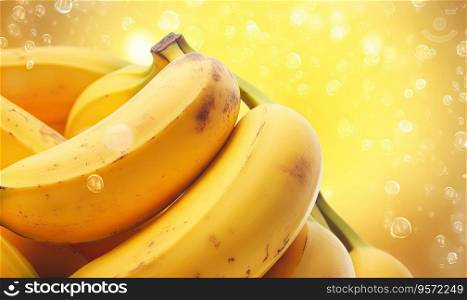 Ripe bunch bananas with glistening droplets on a vibrant yellow backdrop. The composition exudes freshness, ideal for health, culinary, and tropical themes. Created with generative AI tools. Ripe bunch bananas with glistening droplets on a vibrant yellow backdrop. Created by AI