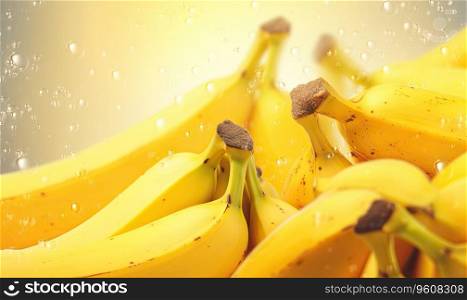 Ripe bunch bananas with glistening droplets on a vibrant yellow backdrop. The composition exudes freshness, ideal for health, culinary, and tropical themes. Created with generative AI tools. Ripe bunch bananas with glistening droplets on a vibrant yellow backdrop. Created by AI