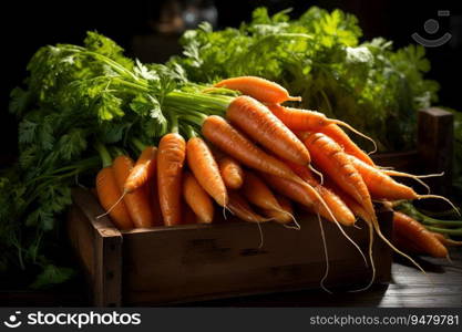 Ripe carrots in a wooden box. Generative AI