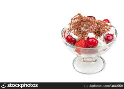 Ripe cherries and fruit yoghurt isolated on white background. Free space for text. Probiotic products.