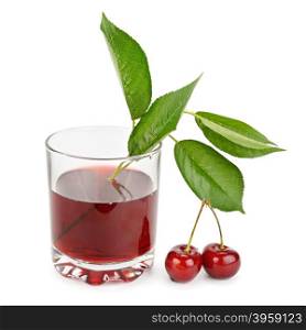 Ripe cherries and juice in glass on white