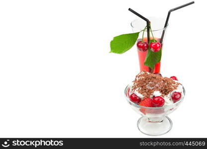 Ripe cherries, fruit yoghurt and juice isolated on white background. Free space for text. Probiotic products.