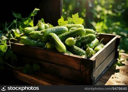 Ripe cucumbers in a wooden box. Generative AI