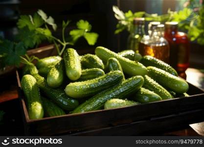 Ripe cucumbers in a wooden box. Generative AI