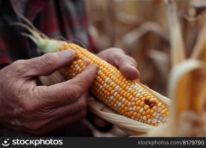 ripe dry fodder corn in hands Generative AI.