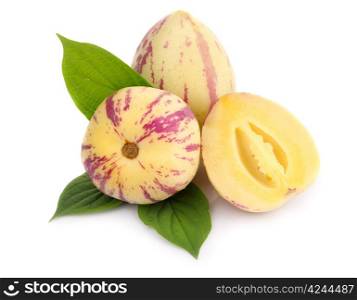 Ripe exotic pepino fruit isolated on white background