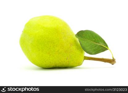 ripe fresh green pear with leaf isolated on white