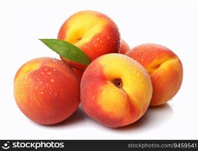 Ripe fresh peaches with leaf on white background.AI Generative