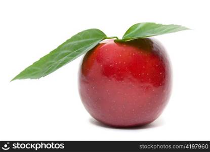 ripe fresh red apple with leaves isolated on white