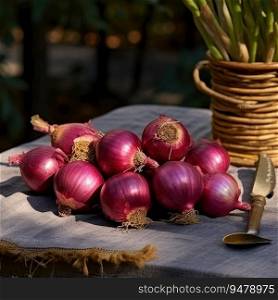 Ripe fresh red onions on the table in the garden. Generative AI. Ripe fresh red onions on the table. Generative AI