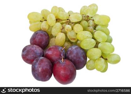 ripe grapes and plums isolated on white background
