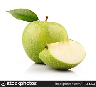 Ripe green apple with slices isolated on white background