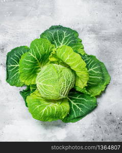 Ripe green cabbage . On rustic background. Ripe green cabbage .