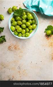 Ripe green gooseberry berry in plate bowl.