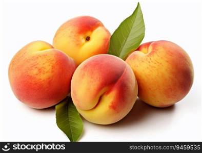 Ripe juicy peaches with leaf on white background.AI Generative