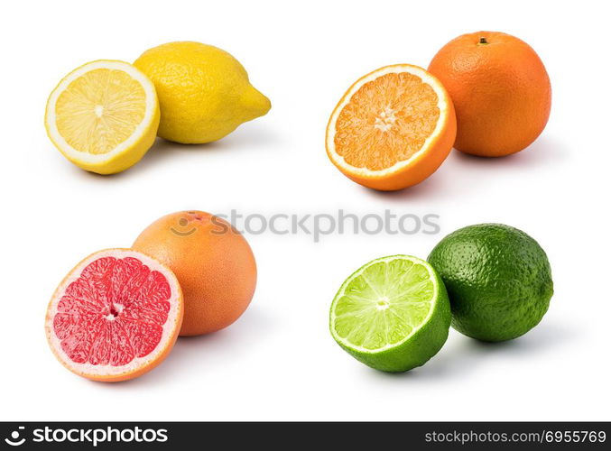 ripe lemon fruit isolated on white background. citrus fruit set. citrus fruit set