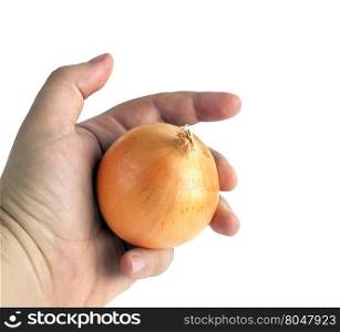 Ripe onion in a man&rsquo;s hand isolated on a white background