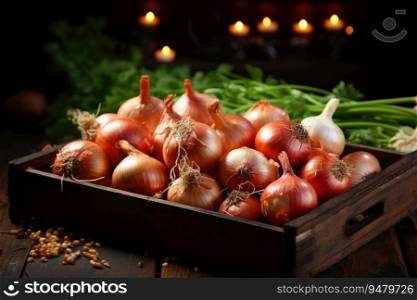 Ripe onions in a wooden box. Generative AI