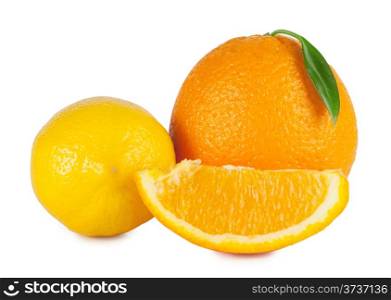 Ripe orange and lemon isolated on white background