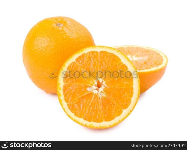 Ripe orange fruit and slice isolated on white background