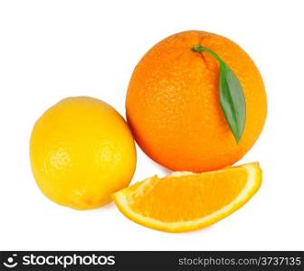 Ripe orange, lemon and leaf isolated on white background