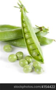 Ripe pea vegetable with green leaf isolated on white background