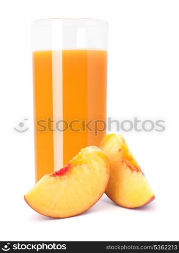Ripe peach fruit and juice glass isolated on white background cutout