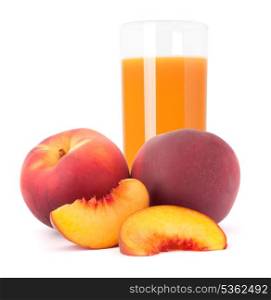 Ripe peach fruit and juice glass isolated on white background cutout