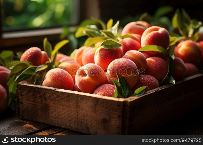 Ripe peaches in a wooden box. Generative AI