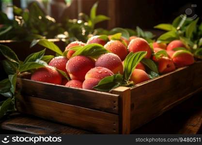 Ripe peaches in a wooden box. Generative AI