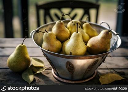 Ripe pears in a colander on garden. Illustration Generative AI