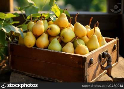 Ripe pears in a wooden box. Generative AI
