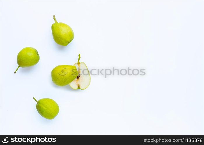 Ripe pears isolated on white background. Copy space