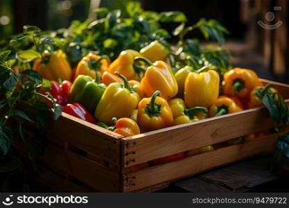Ripe peppers in a wooden box. Generative AI