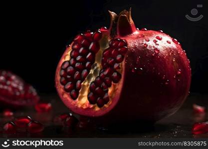 Ripe pomegranate with juicy seeds, on old wooden table. Neural network AI generated art. Ripe pomegranate with juicy seeds, on old wooden table. Neural network AI generated