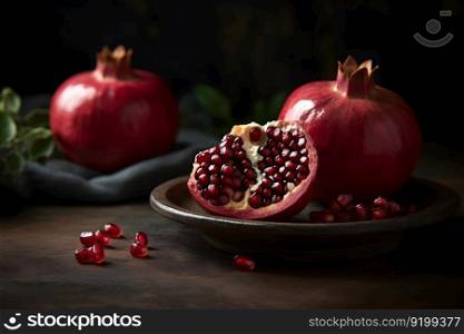 Ripe pomegranate with juicy seeds, on old wooden table. Neural network AI generated art. Ripe pomegranate with juicy seeds, on old wooden table. Neural network AI generated