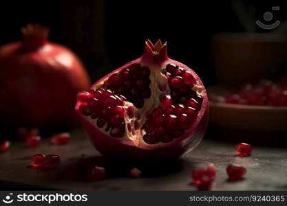 Ripe pomegranate with juicy seeds, on old wooden table. Neural network AI generated art. Ripe pomegranate with juicy seeds, on old wooden table. Neural network AI generated