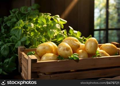 Ripe potatoes in a wooden box. Generative AI