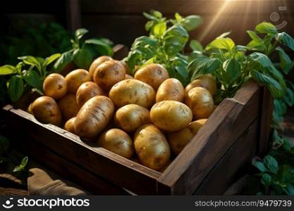 Ripe potatoes in a wooden box. Generative AI