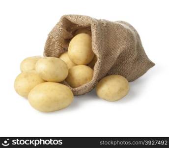 Ripe potatoes in burlap sack isolated on white background. with clipping path