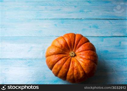 Ripe pumpkin on the blue wooden background. Ripe pumpkins on the blue wooden background. Thanksgiving background with pumpkin. Fall background. Copy space.